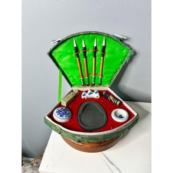 Vintage Chinese Calligraphy Writing Set in Brocade Case - Picture 2 of 11